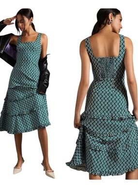 Square-Neck Green Floral Tiered Midi Dress